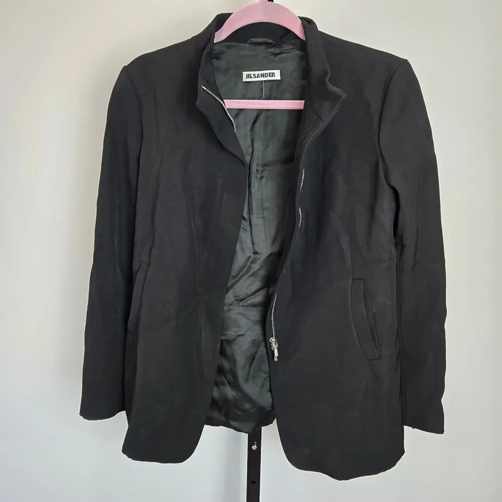 Jil Sander‎ Blazer Jacket Wool Black Zipper Front Modern Utility Career Capsule